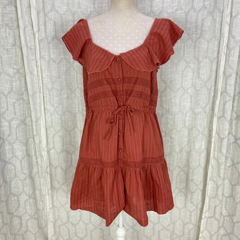 ASOS Peasant‎ Dress 8 Rust Terracotta Eyelet Lace Cotton Ruffle A Line Mini